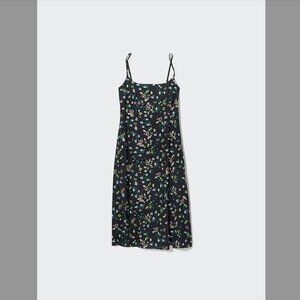 Uniqlo Black Floral Printed Front Slit Camisole Dress Size Large Women's